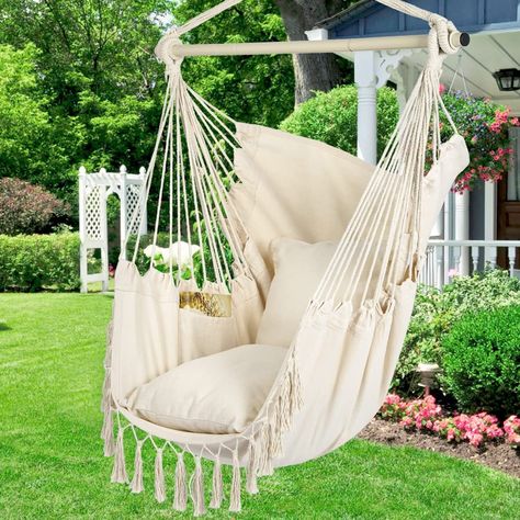 Comfortable hanging chair swing provide the best reading place for busy people. You can easily meditate or enjoy the scenery. It is very suitable for use in bedrooms, balconies, courtyards, and gardens. If you need a return, do not remove the tag from the hammock chair Hanging Rope Chair, Macrame Hanging Chair, Rope Chair, Portable Hammock, Large Cushions, Hammock Stand, Large Chair, Outdoor Swing, Large Macrame