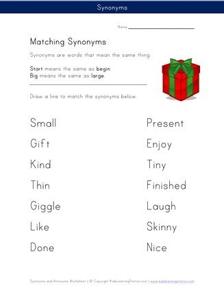 This worksheet explains what a synonym is and then kids are asked to draw a line from each word on the left side of the page to its matching synonym on the right. Nice Synonyms, Synonyms Worksheet, Kindergarten Grammar Worksheets, Antonyms Worksheet, Wedding Card Template, Worksheet For Kindergarten, Subtraction Kindergarten, Kindergarten Addition Worksheets, Offer Letter