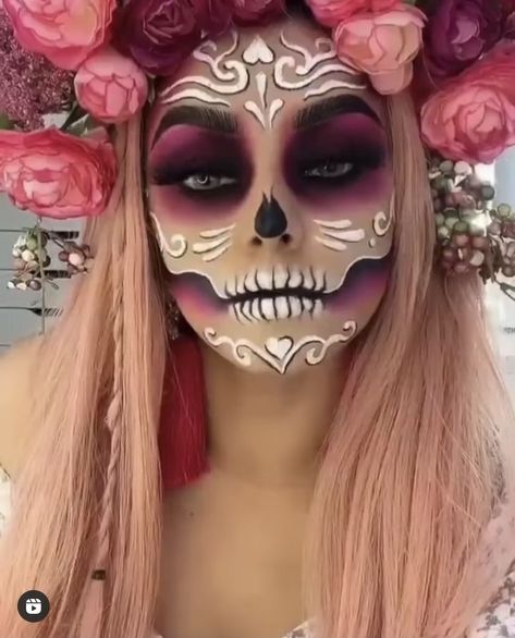 Half Face Sugar Skull Makeup, Pink Dia De Los Muertos Makeup Ideas, Purple Day Of The Dead Makeup, White Catrina Makeup, Pink Day Of The Dead Makeup, Skull Makeup With Gems, Pink Sugar Skull Makeup, Pink Catrina Makeup, Sugar Skull Costume Outfit Diy