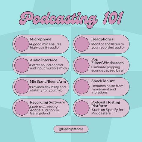 Dive into the world of podcasting with Radnip Media’s easy guide! 🎙️ Whether you're sharing stories, tips, or interviews, start your podcast journey with the right setup. Here’s a quick rundown of the essential equipment and software to get you broadcasting to the world in no time! #Podcasting #StartPodcasting #Podcasters Things You Need To Start A Podcast, School Podcast Ideas, Girly Podcast Set Up, Podcasts Set Up Ideas, Podcast Intro Ideas, Starting A Podcast For Beginners, How To Start Podcast, How To Podcast, Podcast Tips And Tricks