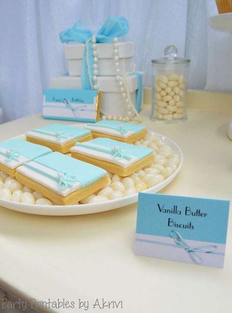 Tiffany Inspired  | vanilla butter cookie CatchMyParty.com Tiffany And Co Sweet 16, Happy Birthday Party Ideas, Tiffany Sweet 16, 21st Party Ideas, Tea Cookie, Baby Shower Gender Reveal Ideas, Tiffany Cakes, Girly Party Ideas, Teen Birthday Party