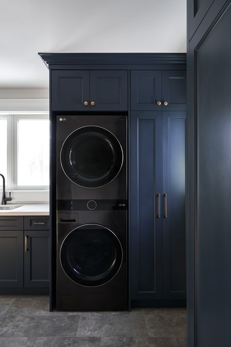 Grey And Black Laundry Room, Black And Blue Laundry Room, Blue Floor Laundry Room, Dark Navy Laundry Room, Dark Ceiling Laundry Room, Laundry Room Black Washer And Dryer, Sleek Laundry Room, Masculine Laundry Room, Navy Cabinets Laundry Room