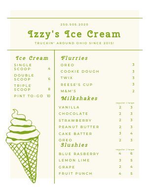 Ice Cream Food Cart Menu Design Template by MustHaveMenus Ice Cream Shop Menu Design, Gelato Menu Design, Ice Cream Menu Design Ideas, Food Truck Poster, Ice Cream Menu Design, Ice Cream Dough, Cream Poster, Menu Maker, Menu Poster