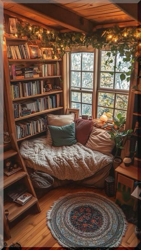 Book Nooks Aesthetic, Studio Apartment Library, Bedroom With Lots Of Books, Book Lover Bedroom Aesthetic, Cozy Reading Bedroom, Reading Corner Ideas Bedroom, Cute Library Room, Book Nook Bed, Library In Apartment