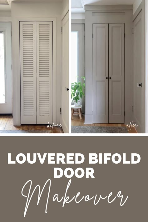 Made by Carli: closet door makeover Front Door Closet Makeover, 6 Panel Bifold Closet Doors, Slat Closet Door Makeover, Small Bifold Closet Doors, Small Closet Bifold Doors, Bifold Linen Closet Door, Louver Closet Doors, Folding Doors Ideas Closet, Update Shutter Closet Doors