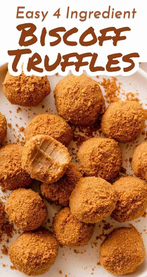 These easy truffles can be made with only 4 ingredients! They are super creamy and just melt in your mouth. A truffle perfect for any cookie butter lover! Biscoff Truffles, Biscoff Recipes, Easy Truffles, Vegetarian Cookies, Biscoff Cookie Butter, Candy Truffles, Cookie Butter, Truffle Recipe, 4 Ingredient