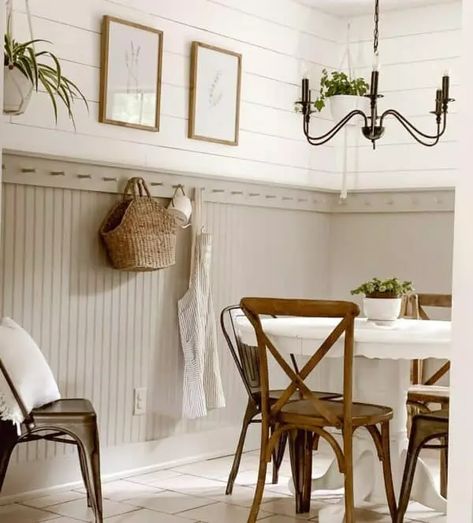 Beadboard Dining Room, Beadboard Accent Wall, Wallpaper And Beadboard, Green Beadboard, White Shiplap Walls, Beadboard Ideas, Beadboard Wall, Beadboard Kitchen, Black Wainscoting