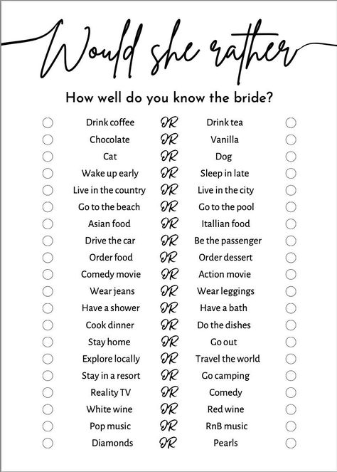 Would she rather game. - Consists of 20 questions.  - The template has been created for A5 paper. - Can be printed on any size paper once purchased the download. - This template may not be personalised. - Download and print as you wish. - Hand crafted template. - Designed on a white background. Polls For Instagram Story Questions, Question Game For Friends, 20 Questions Game, Best Teen Movies, Drivers Education, Truth And Dare, Would You Rather Questions, Romantic Date Night Ideas, Fun Bridal Shower Games