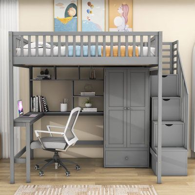 This stylish loft bed has a built-in desk, combined with the spacious space under the bed, providing you with a perfect study area. This bed is made of high-quality pine and MDF, which is strong and durable, supported by wooden slats, and does not need box springs. There is a wardrobe under the bed with a hanging rod for storing clothes, toys, etc. Multiple storage shelves and a drawer also provide you with sufficient storage space to help you save space. Due to different photographic light sour Loft Bed With Desk Under, Double Bed With Desk Underneath, Bed And Desk Bunk, Bed With Desk, Nice Rooms, Small Bedroom Layout Ideas 10x10, Desk Under Bed, Boys Bedroom Gamer, Bed With Desk Underneath