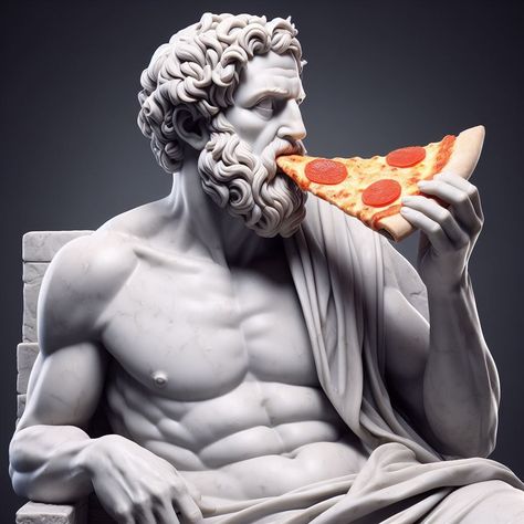 a marble sculpture of a platon eating a piece of pizza, mannerism, marketing photo, pompeian, pizza, digital painting Ironic Art, Funny Statues, Pizza Branding, Piece Of Pizza, Digital Advertising Design, Graphic Shirt Design, Graphic Design Books, Social Media Advertising Design, Overlays Instagram