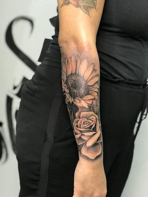 Roses Sunflowers Tattoo, Sunflower Rose Tattoo Design, Inner Forearm Cover Up Tattoos For Women, Sunflower Tattoo For Men, Coverup Tattoo Ideas For Women Forearm, Sunflower Forearm Tattoo, Unique Sunflower Tattoos For Women, Coverup Tattoo Ideas For Women Cover Up, Rose And Sunflower Tattoo