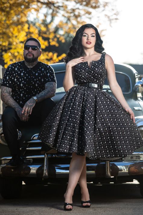 This beautiful custom print swing dress is perfect for all your fun nights. Has built in full petticoat. Check out the mens matching custom print sweater ❤️Gathered dropped waist ‘New Look’ late 1940s silhouette, natural waist to hem aprox. 26IN now offered in black too!  Fabric:The dress is a woven poly spandex fit Rockabilly Looks, Roll Dress, Dress Name, Pin Up Outfits, Pin Up Dresses, Rockabilly Dress, Rockabilly Fashion, Vintage Inspired Dresses, Print Sweater