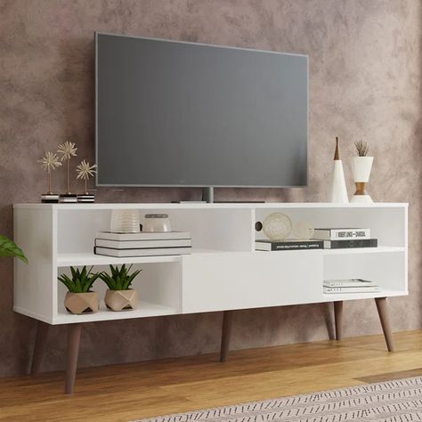 59.05'' Media Console Light Gray Couch Living Room Tv Stand, Media Console Living Room, Bedroom Entertainment Center, Console Living Room, 65 Inch Tv Stand, Television Cabinet, Wood Entertainment Center, White Tv Stands, Interior Design Per La Casa