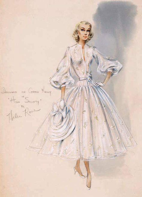 Grace Kelly on the set of "High Society" (1956), wearing a dress designed by Helen Rose. 40s Mode, Vintage Fashion Sketches, Helen Rose, Street Style Vintage, Rose Costume, Hollywood Costume, Fashion Illustration Vintage, Rose Fashion, Vintage Dress Patterns