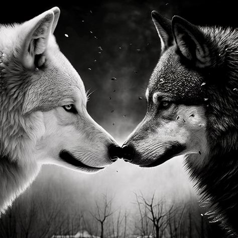 Alpha Wolf Matching Pfp, Wolf Couple, Couple Tattoos Wolves, Wolf Couple Aesthetic, Two Wolves Tattoo, Wolves In Love Art, Female Wolf Protecting Male, Winter Scene Paintings, Black And White Wolves Together