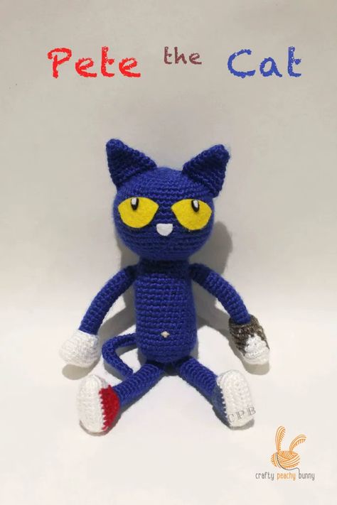 Pete The Cat Crochet Pattern, Pete The Cat Crochet Free Pattern, Crochet Pete The Cat, Crochet Story Book Characters, Crochet Book Characters, Crochet Characters, Book Crochet, Books Characters, Children's Book Characters