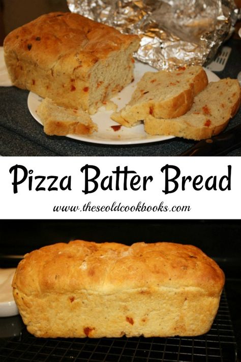 Pizza Batter Bread with Pepperoni Recipe - These Old Cookbooks Batter Bread Recipes, Pepperoni Bread Recipe, Desert Bread, Pepperoni Recipe, Batter Bread, Pepperoni Bread, Pepperoni Recipes, Pizza Bread Recipe, Savory Breads