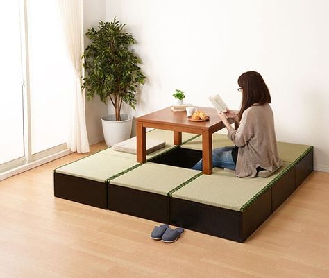 Kotatsu Aesthetic, Japanese Floor Seating, Tea Store Design, Japan Furniture, Japanese Futon Mattress, Tatami Bed, Modular Tile, Tatami Room, Japanese Futon