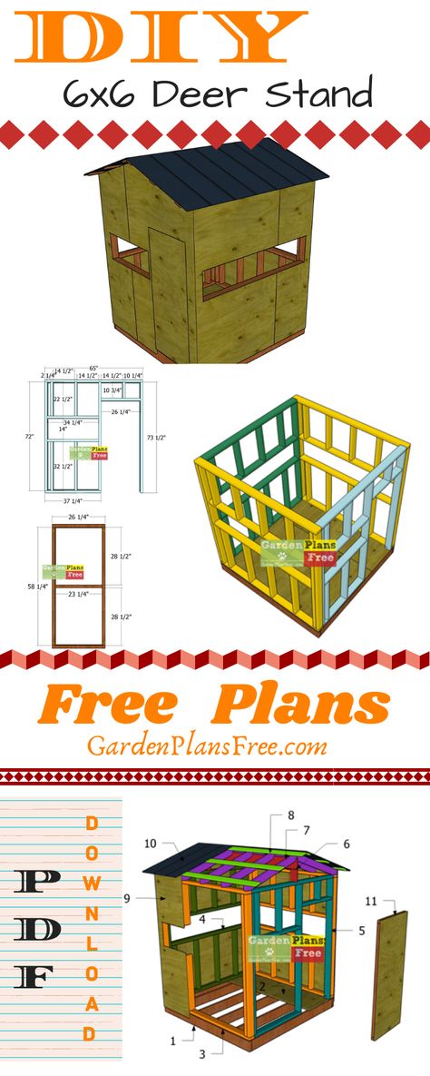 Easy to follow step by step diagrams for you to build a 6x6 deer blind with a gable roof. The deer stand featureas window openings on all sides and a door for easy access. The roof is made out of metal sheets. PDF download and Print friendly. Full Cut and Shopping lists. #deerblind #deerstand #shootinghouse Elevated Deer Blind Plans, Diy Deer Stand Ideas, Box Blind Deer Stands Diy, Deer Blinds Diy, Diy Shooting House, Deer Box Stand Ideas, Diy Hunting Stand, Box Stands Hunting, Deer Stand Windows Ideas