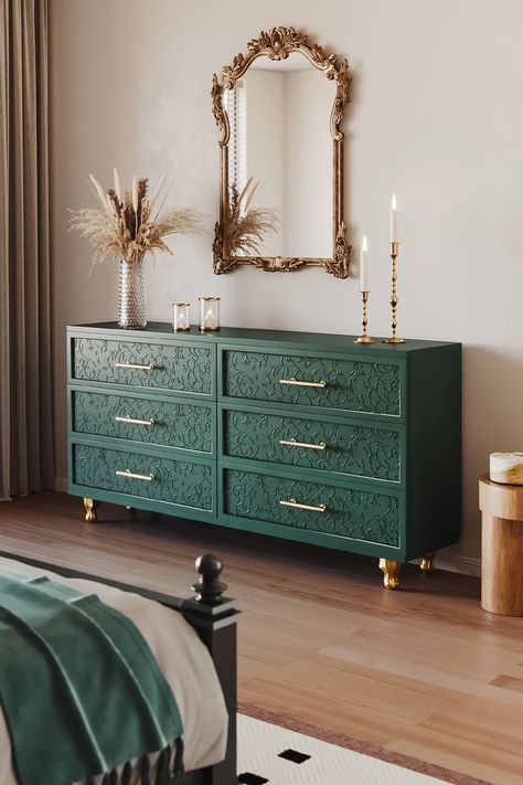 Say hello to the stylish and clutter-free life you deserve with this Mid-Century Rustic Bas Relief Carving Dresser. Effortlessly chic, it features an exotic animal legs design and a soothing emerald green color to complete your minimalist sanctuary. You won't believe how much it can transform your home. Follow us for more inspiring ideas! Emerald Green Dresser Bedroom, Emerald Green Furniture Bedroom, Bedroom With Green Dresser, Dresser Legs Ideas, Dresser Decor Bedroom Aesthetic, Green Dresser Bedroom, Green Furniture Bedroom, Dark Green Dresser, Emerald Green Bedroom Ideas