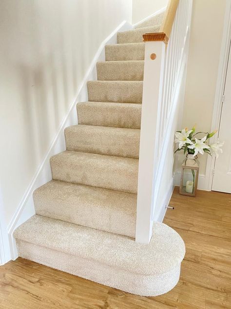 Beige Carpet Stairs And Landing, Neutral Carpet Stairs, Cream Carpet Stairs, Beige Carpet Stairs, Fully Carpeted Stairs, Full Carpet Stairs, Stairs Carpet Ideas, Carpeting Ideas, Stair Carpet Ideas