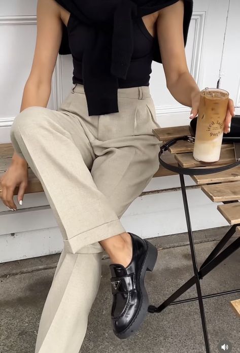 Beige And Black Office Outfit, Black Trousers And Loafers Outfit, Loafers And Slacks, Office Outfits Women Chunky Loafers, Loafers Outfit Trousers, Beige Trousers Aesthetic, Tan Trousers Outfit Work, Loafers Trousers Outfit, Trouser And Loafers Outfit