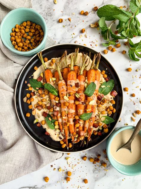 Roasted Heirloom Carrots with Garlic Hummus Roasted Carrots Tahini, Hummus Carrot, Carrots And Hummus Aesthetic, Carrot Hummus Without Tahini, Heirloom Carrots, Roast Carrot Hummus, Carrots In Oven, Caramelized Carrots, Hummus Ingredients