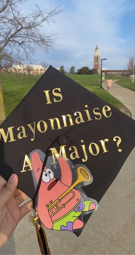 Patrick is mayonnaise an instrument graduation cap fun grad SpongeBob Meme Grad Cap Ideas, Jonas Brothers Graduation Cap, Senior Cap Ideas Funny, Graduation Cap Designs Minecraft, Graphic Design Grad Cap, High School Grad Cap Ideas Senior Year, Music Grad Cap, Funny Grad Caps, Graduation Cap Designs For Guys