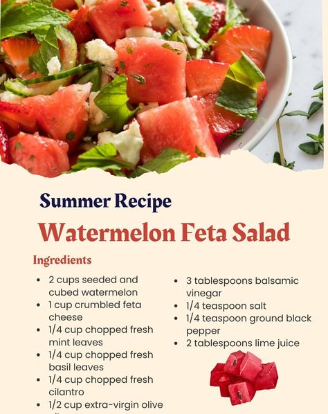 Looking for the perfect summer dish? Try our Watermelon Feta Salad with Mint! This deliciously refreshing salad combines sweet watermelon, tangy feta, and fresh mint for a flavor explosion. Click here for the full recipe and bring a taste of summer to your table! 🍉 Instructions: In a large bowl, combine the watermelon, feta cheese, mint, basil, and cilantro. In a small bowl, whisk together the olive oil, balsamic vinegar, salt, black pepper, and lime juice. Drizzle the dressing over the w... Feta Salad Recipes, Watermelon Feta Salad Recipes, Watermelon And Feta Salad, Watermelon Mint Salad, Salad With Mint, Tomato And Onion Salad, Watermelon Feta Salad, Mint Salad, Watermelon And Feta