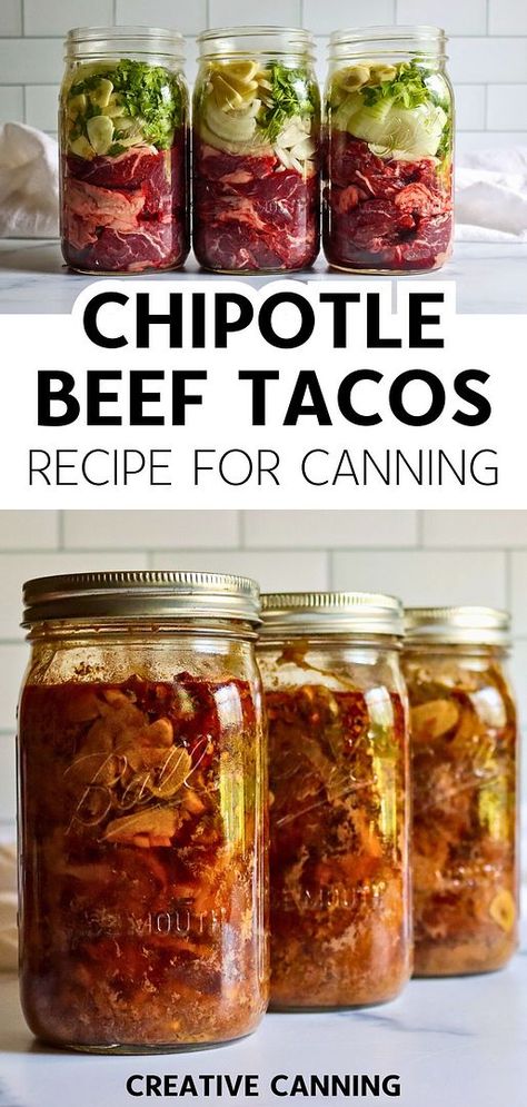 Discover chipotle beef tacos recipe for canning with this easy pressure canning method. This versatile beef taco meat, packed with spices and chipotle peppers, is a quick heat-and-serve meal straight from your pantry. Find more Mexican canning recipes, easy canning recipes, best Mexican food recipes, and Canning Hot Peppers at creativecanning.com. Brushetta Recipes Canning, Canned Taco Meat, Low Carb Canning Recipes, Healthy Canning Recipes, Canning Dinner Recipes, Canned Beef Stew Recipes, Canning Brisket, Canning Meat Recipes, Recipes For Canned Beef