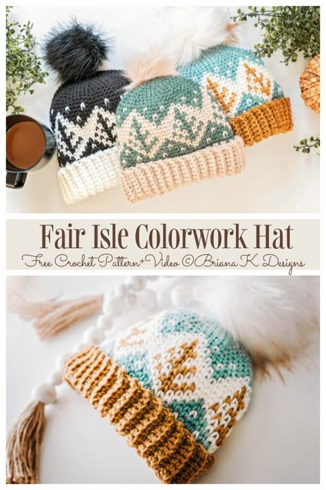 Fair Isle Colorwork Hat Free Crochet Patterns Crochet Hat 2022, Crochet Fair Isle Hat, 2 Color Crochet Hat, Colorwork Hat Knitting Pattern, Fair Isle Crochet Hat Free Pattern, Crochet Beanie Designs, Cute Crochet Ideas Free Pattern, Crochet Christmas Beanie, Crochet Gifts Free Pattern