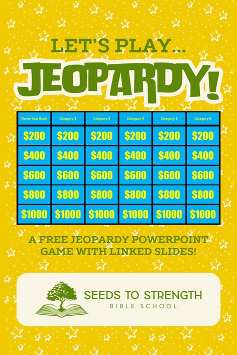 A downloadable Jeopardy PowerPoint game for free. All the slides are linked, making it simple to engage your class in a Bible lesson review or to get ready for a Bible bowl. Bible Jeopardy, Jeopardy For Kids, Kids Jeopardy Game, How To Play Jeopardy, How To Create A Jeopardy Game, How To Play Jeopardy In The Classroom, Jeopardy Template, Bible Trivia Games, Strength Bible