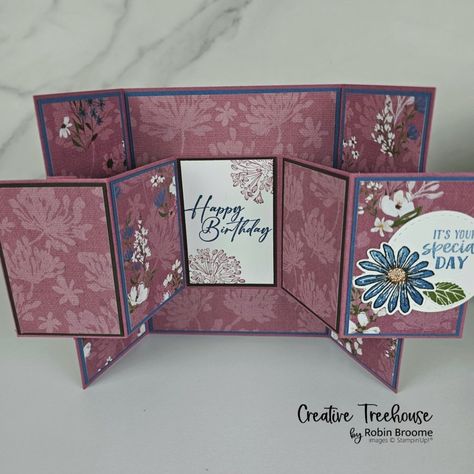 Double Accordion Gatefold Card - Creative Treehouse Card Making Video Tutorials, Accordion Cards, Double Gate, Fancy Fold Card Tutorials, Tri Fold Cards, Folding Cards, Card Making Templates, Gatefold Cards, Accordion Fold