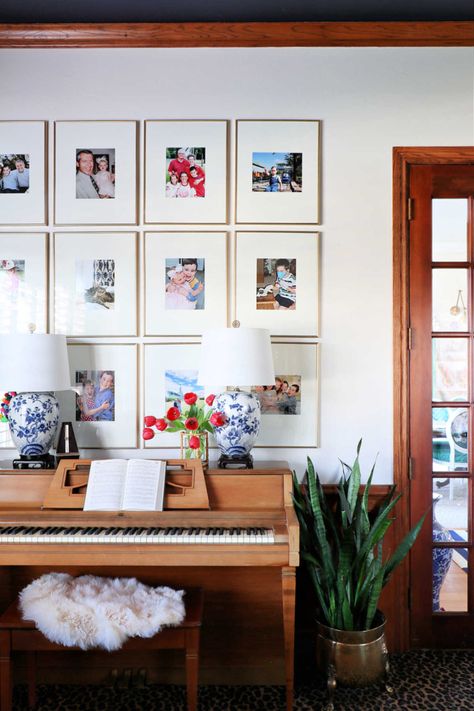 Gallery Wall Over Piano, Family Photo Gallery Wall, Spring Room, Photo Gallery Wall, Dimples And Tangles, Grid Wall, Spring Refresh, Photo Wall Gallery, Gold Spray Paint