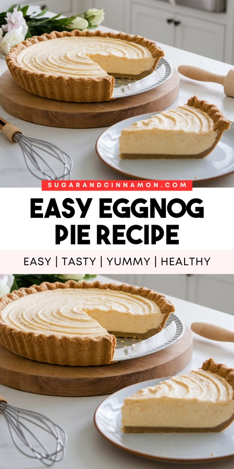 Looking for a festive dessert? 🍰✨ Try this easy eggnog pie! With its creamy texture and holiday spice, it’s the perfect treat for Christmas and beyond. Simple to make and full of flavor! Save this pin for your next holiday baking adventure! 📌🎄 Eggnog Custard Pie Recipe, Eggnog Pie With Gingerbread Crust, Easy Eggnog Pie, Eggnog Pie Recipe No Bake, Eggnog Desserts Christmas, Eggnog Custard Pie, Recipes With Eggnog In It, Eggnog Desserts Easy, Eggnog Tart