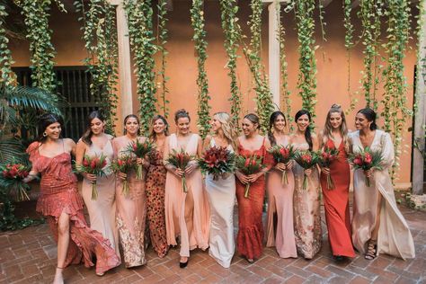 Rust Color to peachy and nude bridesmaid color palette with tropical bouquets. Bridesmaid Color Palette, Tropical Elements, Bridesmaid Colors, Mexico Wedding, Team Bride, Wedding Weekend, Tropical Wedding, Bridal Shower Games, Above And Beyond