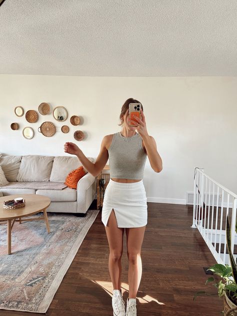 The Lola Mini Skirt White curated on LTK Simple Mini Skirt Outfit, Outfit Rok Mini, White Linen Mini Skirt, White Linen Mini Skirt Outfit, Summer White Skirt Outfit, Satin Mini Skirt Outfit Summer, White Miniskirt Outfits, Short White Skirt Outfit Summer, How To Style White Skirt