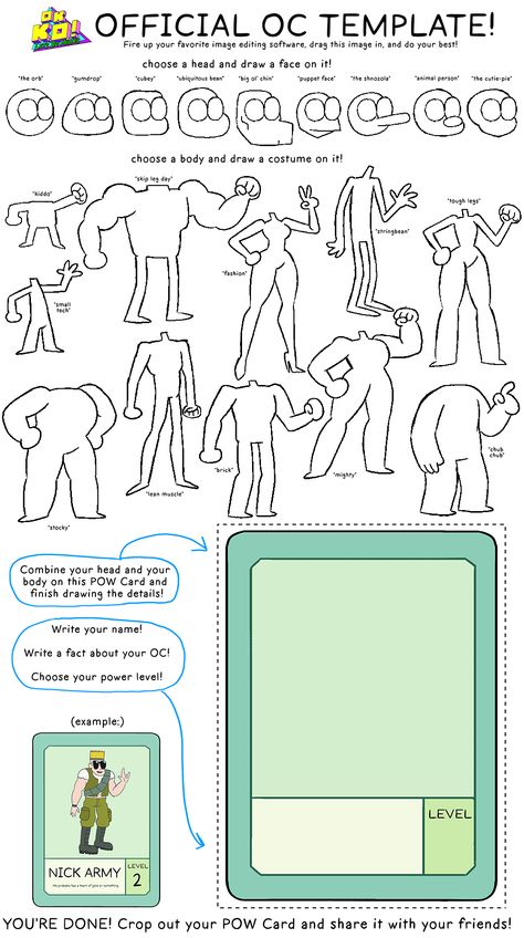 OFFICIAL POW CARD TEMPLATE FOR YOUR OK KO! OC!  One of the best parts of OK KO are all of the weird and wild heroes that show up at the plaza. What would it be like if YOU made a character that showed up?  Choose a head and body, draw in hairstyles and... Cartoon Character Template, Character Hero Design, How To Draw Body Cartoon, How To Make A Cartoon Character, Oc Cartoon Character, Pin To Wall Reference, Cartoon Styles Drawing, Cartooning Drawings, Cartoon Design Characters