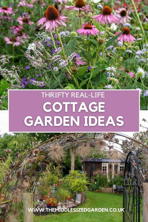 Discover the charm of cottage garden aesthetics without breaking the bank. Explore creative ways from a real-life cottage garden to discover budget-friendly cottage garden plants and thrifty gardening tips. Using discarded household items and friends' leftover plants, Kathy has turned a blank piece of earth into a colourful and creative garden.❤️🌻🏡 Don't miss this inspiring video! Backyard Cottage Garden Ideas, Cottage Plants Outdoor, Simple Cottage Garden Ideas, Country Flower Garden Ideas, Small English Garden Design, English Garden Border Ideas, Rustic Gardens Ideas, Country Cottage Garden Design, Cottage Garden Lighting