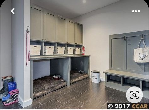 Boot Room Ideas With Dog Bed, Mudroom With Dog Bed, Mudroom Dog Kennel, Mudroom With Dog Kennel, Mudroom Countertop, Mud Room Dog Space, Closet Dog Room, Dog Mudroom, Indoor Dog Room