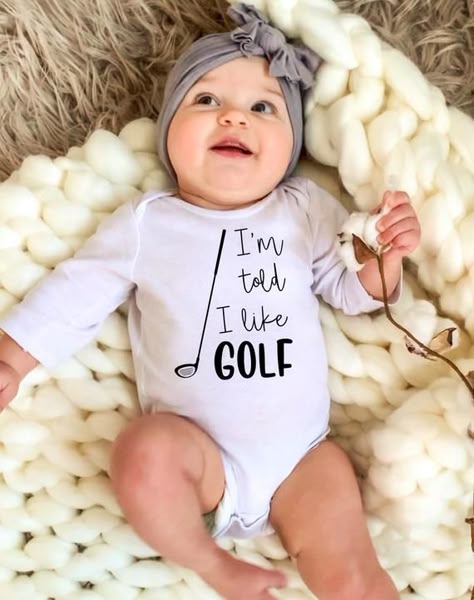 I'm told I like golf Baby Bodysuit Newborn Onesies | Etsy Baby Onsie Designs, Cricut Onesie Ideas, Golf Baby Shower Ideas, Baby Onesies For Boys, Golf Baby Announcement, Cricut Onsies, Golf Baby Nursery, Golf Pregnancy Announcement, Baby Golf Outfit