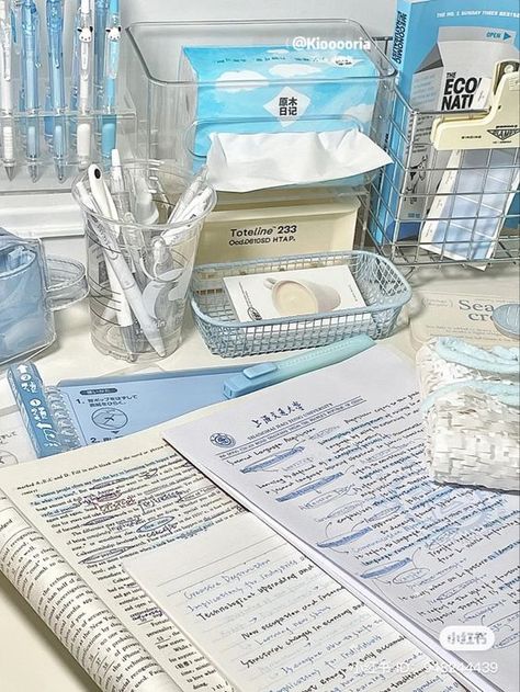 Study Blue, Blue Academia, Studying Stationary, Pretty School Supplies, Study Vlog, Blue Desk, Aesthetic Study, Blue Icon, Baby Blue Aesthetic