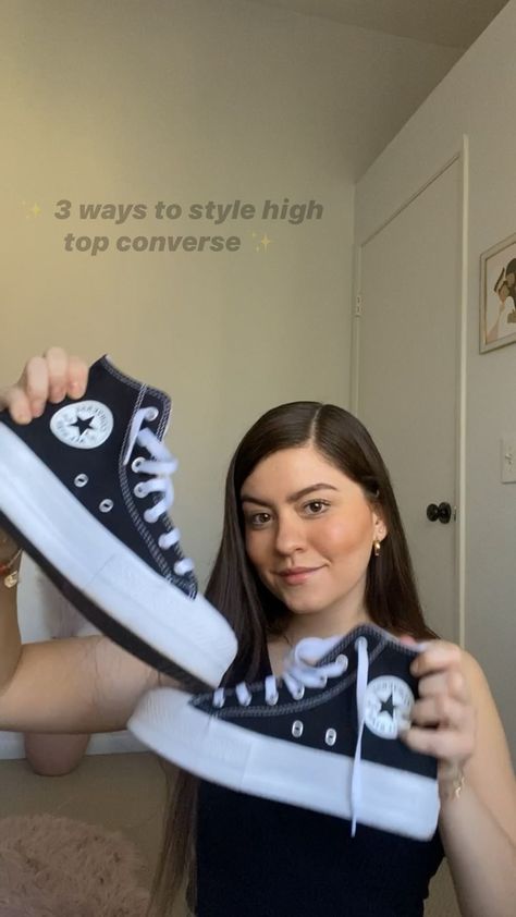 citlallijg_ on Instagram: 3 ways to style high top converse✨ • • • • #reels #reelsinstagram #converse #outfits #outfitinspiration #outfitideas #asthetic… Converse Chunky Outfit, Ootd Converse High, Style High Top Converse, How To Style Converse High Tops, Black High Top Converse Outfits, Converse Chunky, High Top Converse Outfits, Converse Outfits, High Top Converse