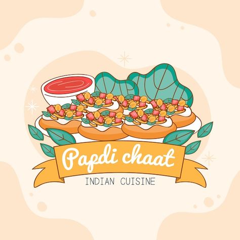 Hand drawn papdi chaat indian cuisine | Free Vector #Freepik #freevector #culinary #gourmet #tasty #tasty-food Chaat Food Poster, Indian Chaat Illustration, Chaat Food Quotes Funny, Indian Food Logo, Foods Quotes, Chaat Indian, Bollywood Theme Party, Food Hamper, Easy Pictures To Draw