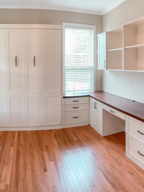 Murphy Bed With Side Desk, Murphy Bed Next To Window, Built In Desk And Murphy Bed, Home Office And Storage Room, Office Murphy Bed Desk, Murphy Bed Ideas With Desk, Wall Bed Office Combo, Office With A Murphy Bed, Home Office Murphy Bed Ideas