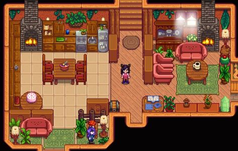 Stardew Valley Indoor Design, Kitchen Ideas Stardew Valley, Stardew Valley Kitchen Layout, Stardew Valley House Interior Living Room, Stardew Valley House Interior Kitchen, Stardew Valley Tv Room, Stardew Valley Strawberry House, Stardew Valley Kitchen Design No Mods, Room Ideas Stardew Valley