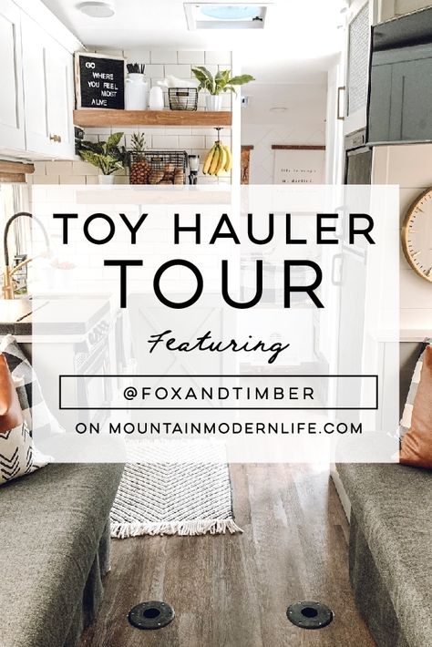 You’ll wanna go glamping in this Modern Farmhouse Toy Hauler! Featuring @FoxandTimber on MountainModernLife.com #rvrenovation #toyhauler #campermakeover #modernfarmhouse #modernfarmhousetyle #camperremodel #designvibes #happycamper #rvinteriordesign #tinyhometour #glamping Toy Hauler Redo, Renovated Toy Hauler, Weekend Warrior Toy Hauler Remodel, Toy Hauler Remodel Before And After, You Hauler Remodel, Toyhauler Makeover, Remodel Toy Hauler, Toy Hauler Living, Toy Hauler Decorating Ideas