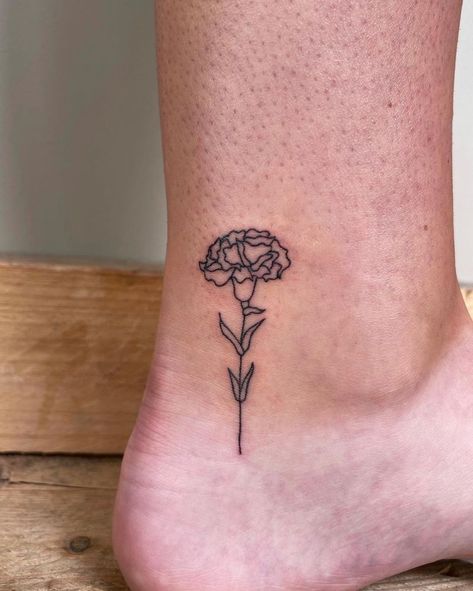 Carnation Tattoo Ankle, Carnation Flower Tattoo Simple, Begonia Flower Tattoo, Small Marigold Tattoo, Fine Line Carnation Tattoo, Simple Marigold Tattoo, Simple Carnation Tattoo, Pink Carnation Tattoo, Marigold Flower Tattoo