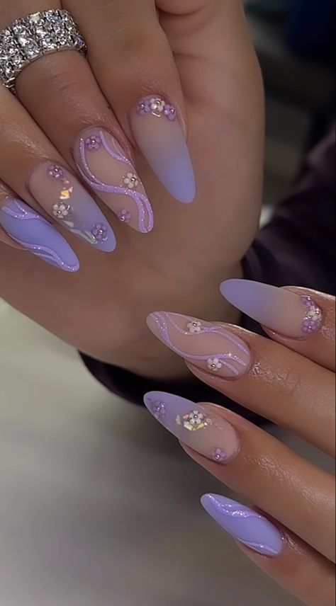 2023 Spring Nails, Stiletto Nails Short, Yellow Nails Design, Purple Nail Art, Purple Acrylic Nails, Purple Nail Designs, Stylish Nails Designs, Nail Type, Almond Nails Designs