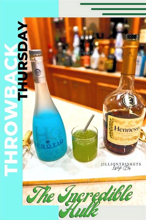 An Incredible Hulk, also known as Green Eyed Monster, Shrock, or Hip and Hen is an eye-catching, green-colored cocktail typically made by mixing equal parts (2 FL oz each) of the fruit liqueur Hypnotic and Hennessy brand cognac and served with ice. Because of its color, not surprisingly, it was named after the green comic book superhero, the Hulk. Hypnotic And Hennessy Drinks, Hulk Drink Cocktails, Green Monster Drink, Hennessy Drinks Recipes, Hennessy Mixed Drinks, Hypnotic Drinks, Incredible Hulk Drink, Hulk Drink, Acholic Drinks